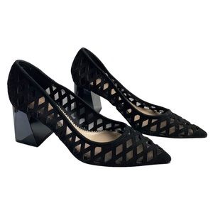 Black Geometric Mesh Pointed Toe Block Heel Pumps